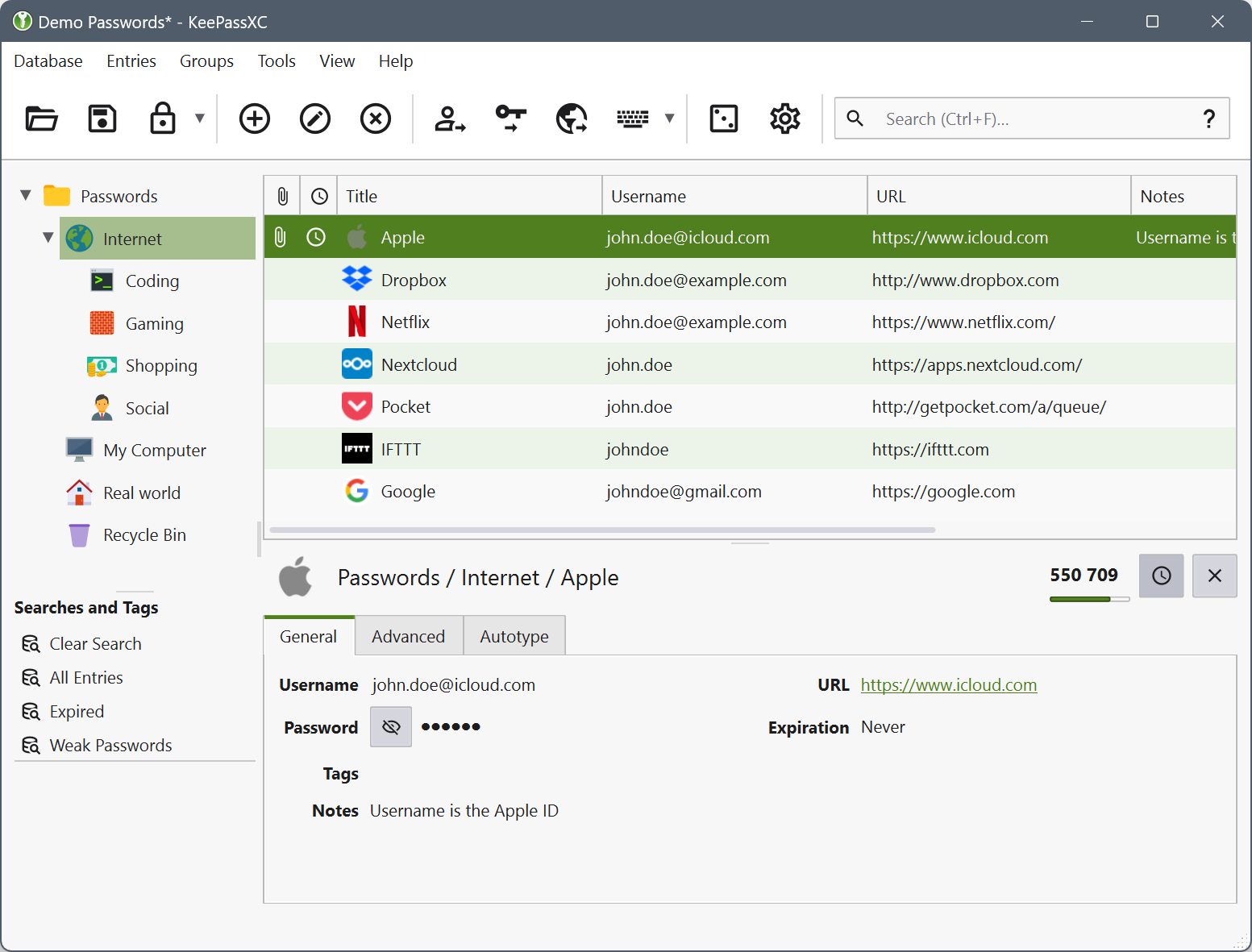 Screenshot of the database view of KeePassXC showing different entries